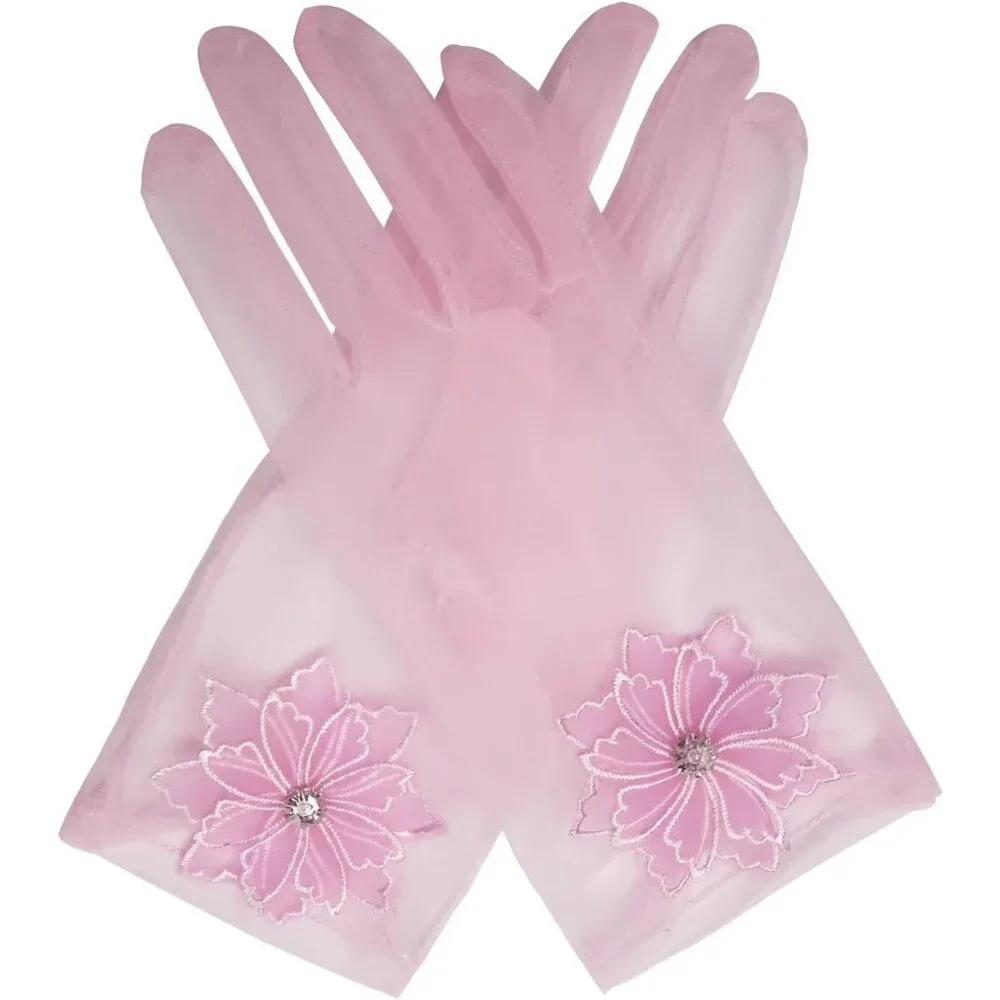 Women's Floral Light Pink Diamond Flower Gloves Tulle Tea Opera Party Elegant